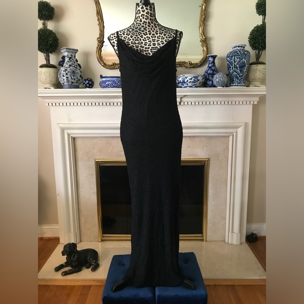 90s Stenay Black Silk Beaded Tall Gown With Draped Neckline Elegant 10 Evening